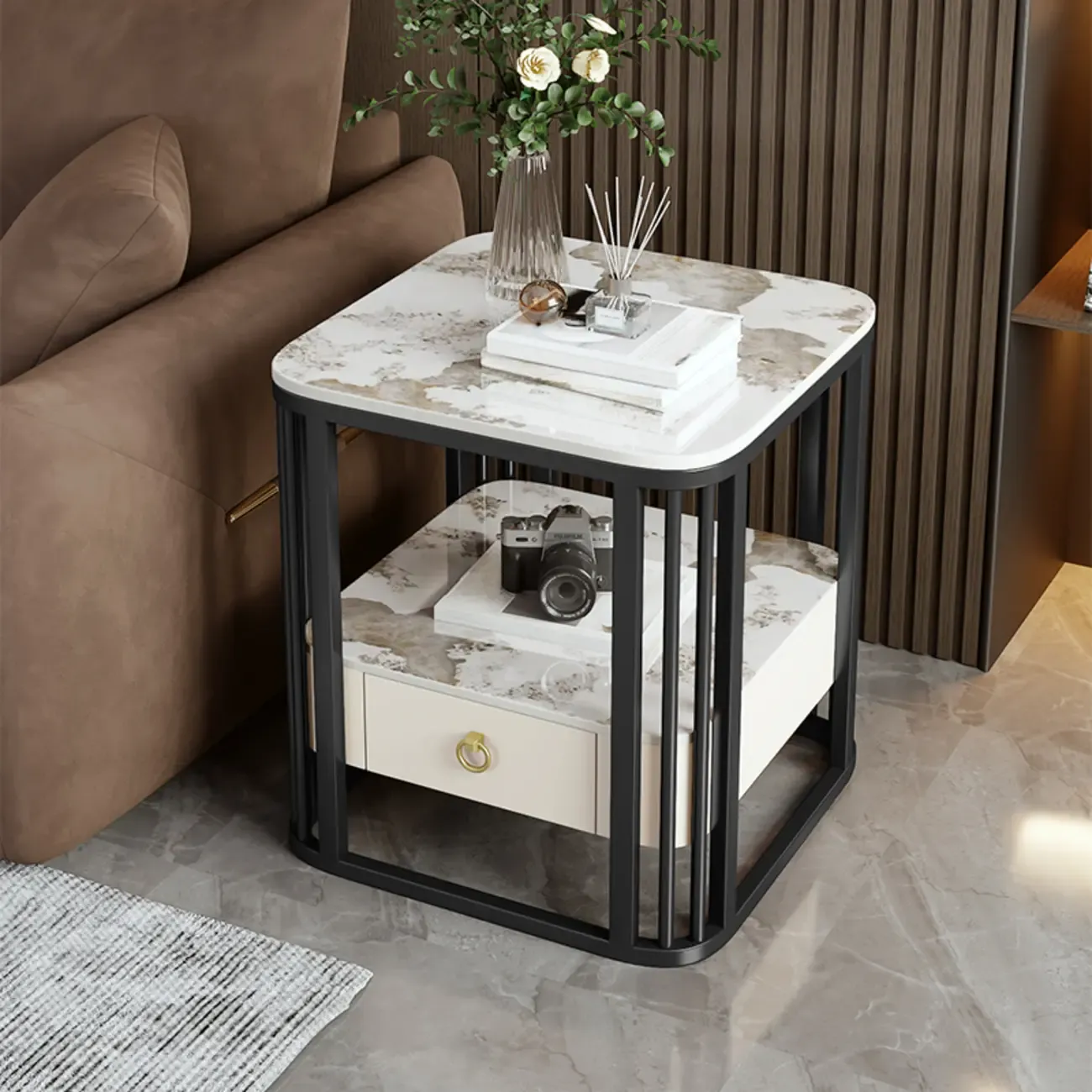 2-Tier White Marble Side Table with Storage and Metal Frame Image - 17