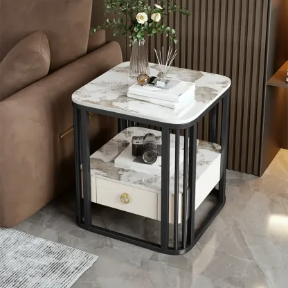2-Tier White Marble Side Table with Storage and Metal Frame Image - 17