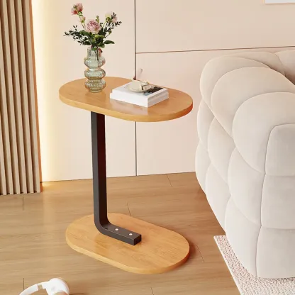 Modern C-Shaped Oval Wood Side Table with Metal Base Image - 13