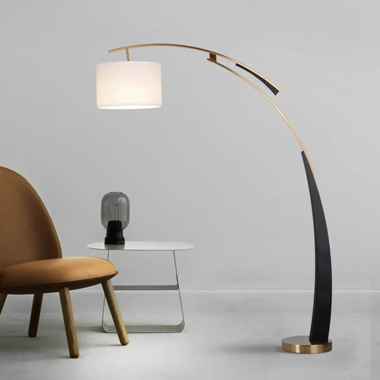 Modern Black Arced Floor Lamp with Fabric Shade and Gold Base Image - 3