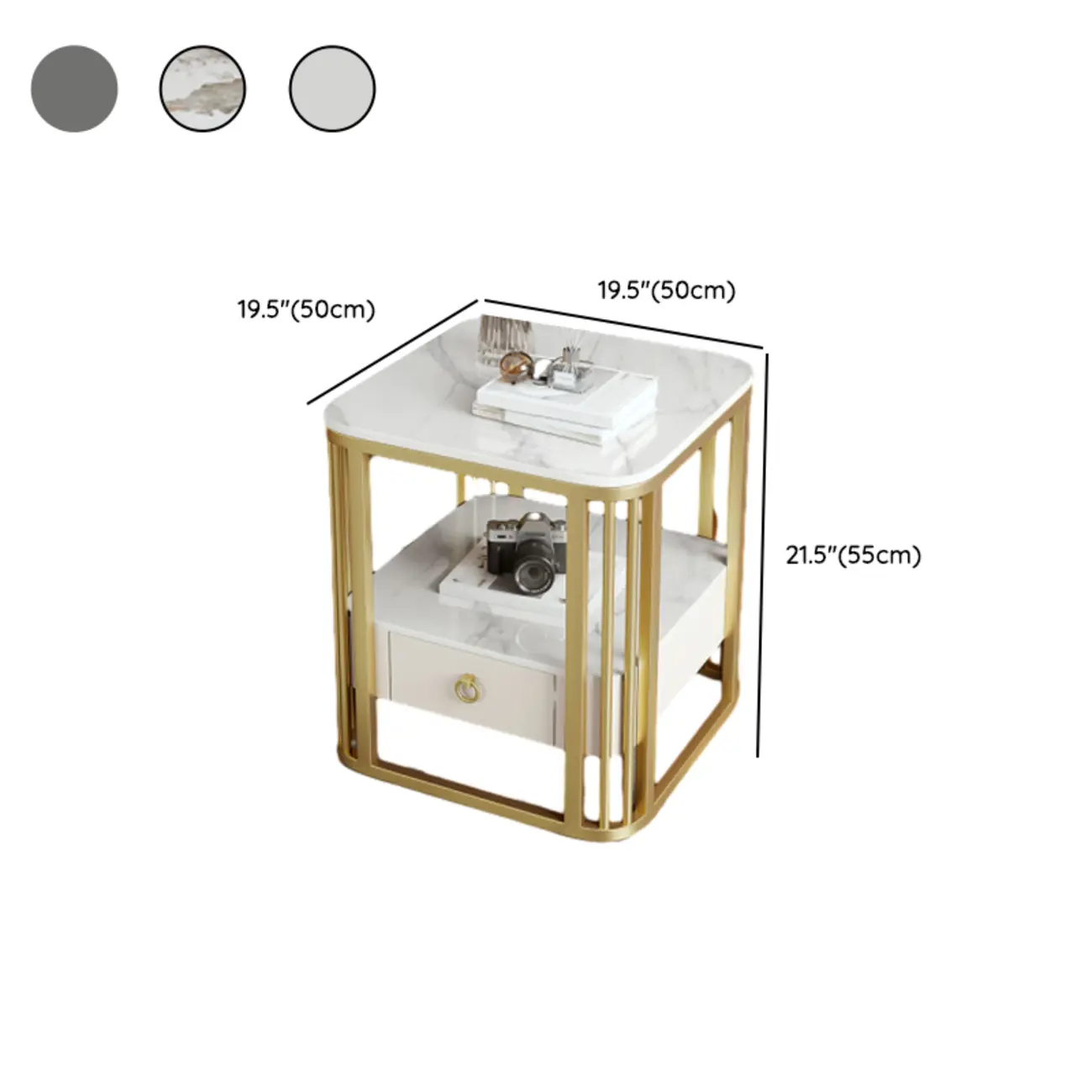 2-Tier White Marble Side Table with Storage and Metal Frame #size | homeyfad