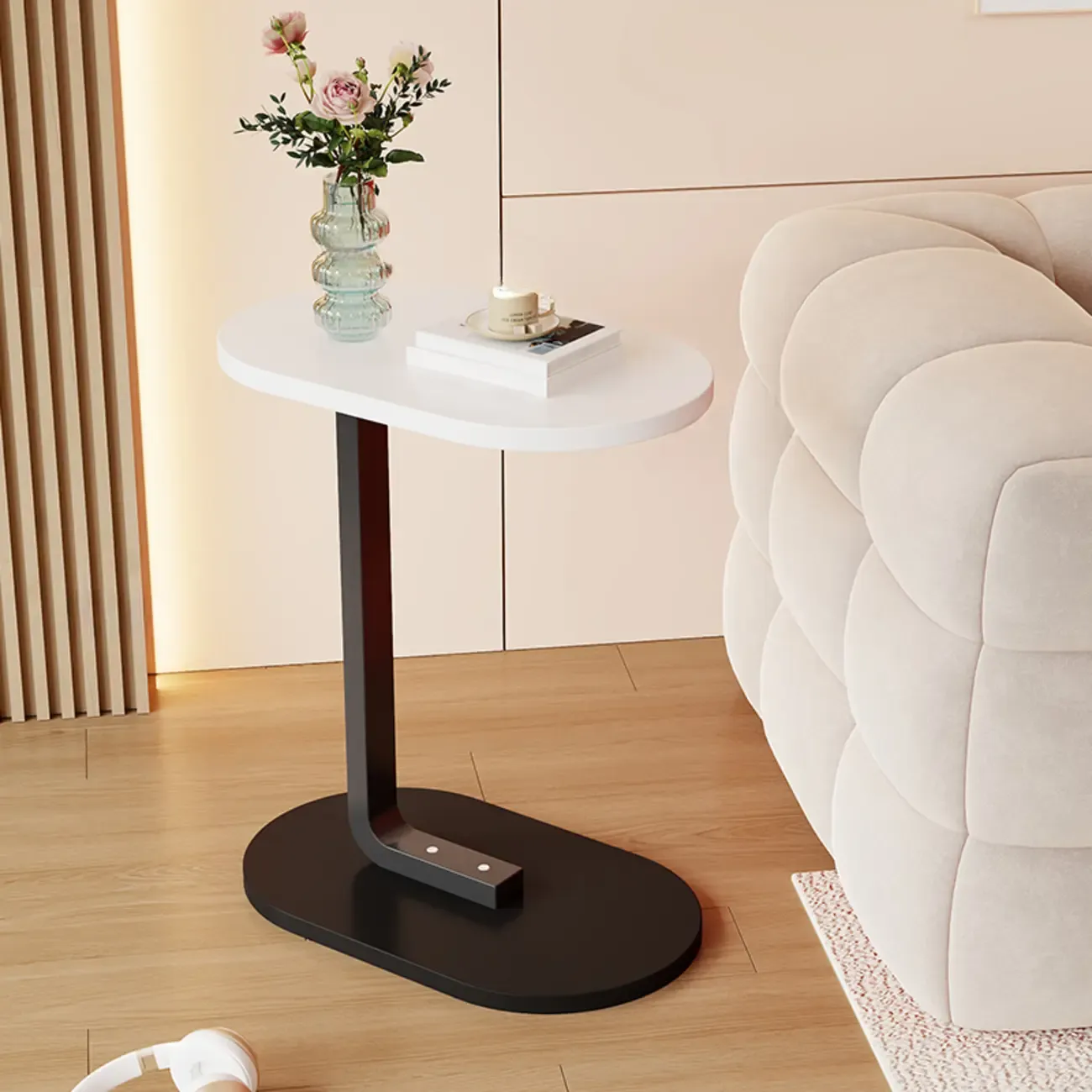 Modern C-Shaped Oval Wood Side Table with Metal Base Image - 14