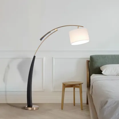 Modern Black Arced Floor Lamp with Fabric Shade and Gold Base Image - 4