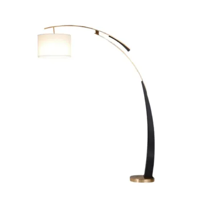 Modern Black Arced Floor Lamp with Fabric Shade and Gold Base Image - 5