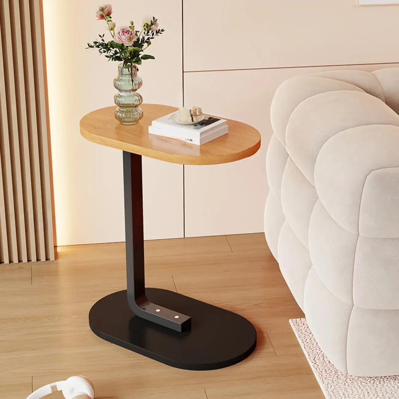 Modern C-Shaped Oval Wood Side Table with Metal Base Image - 15