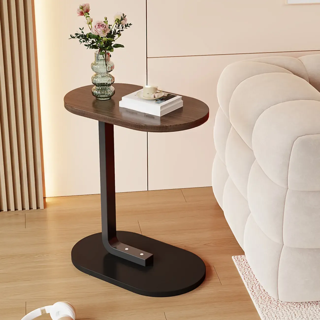 Modern C-Shaped Oval Wood Side Table with Metal Base Image - 16