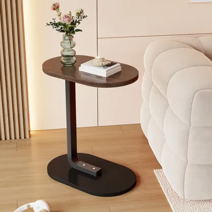 Modern C-Shaped Oval Wood Side Table with Metal Base Image - 16