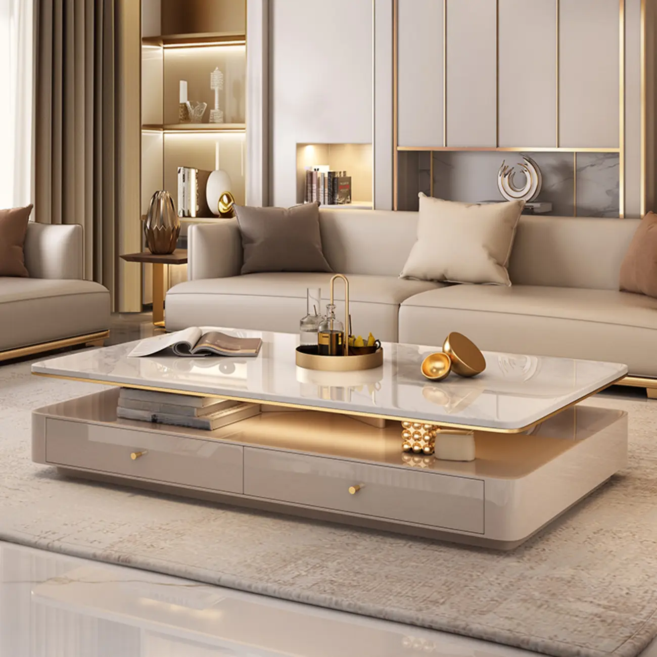 Geometric Gray Rectangular Coffee Table with 4 Drawers Image - 2 | homeyfad