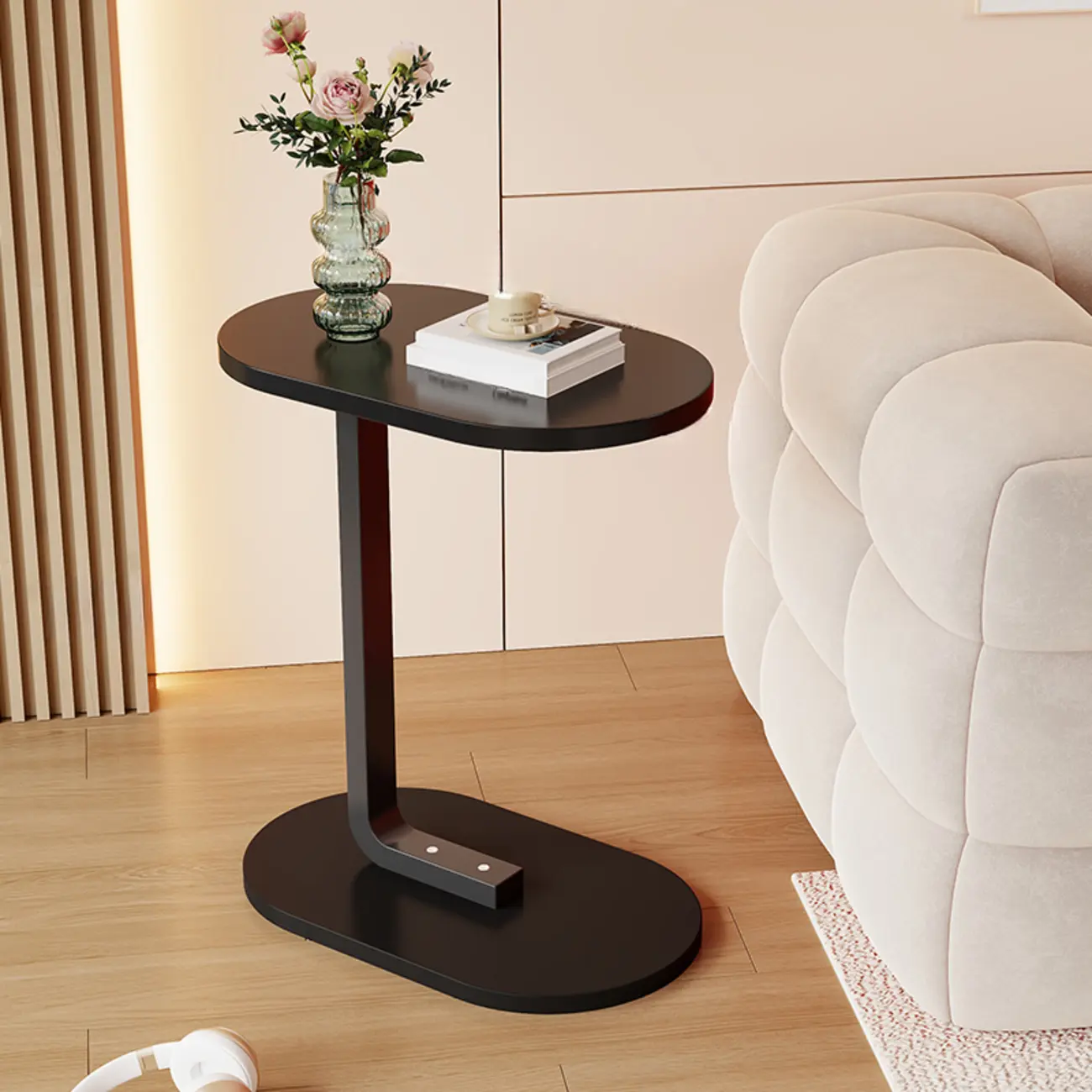 Modern C-Shaped Oval Wood Side Table with Metal Base Image - 17 | homeyfad