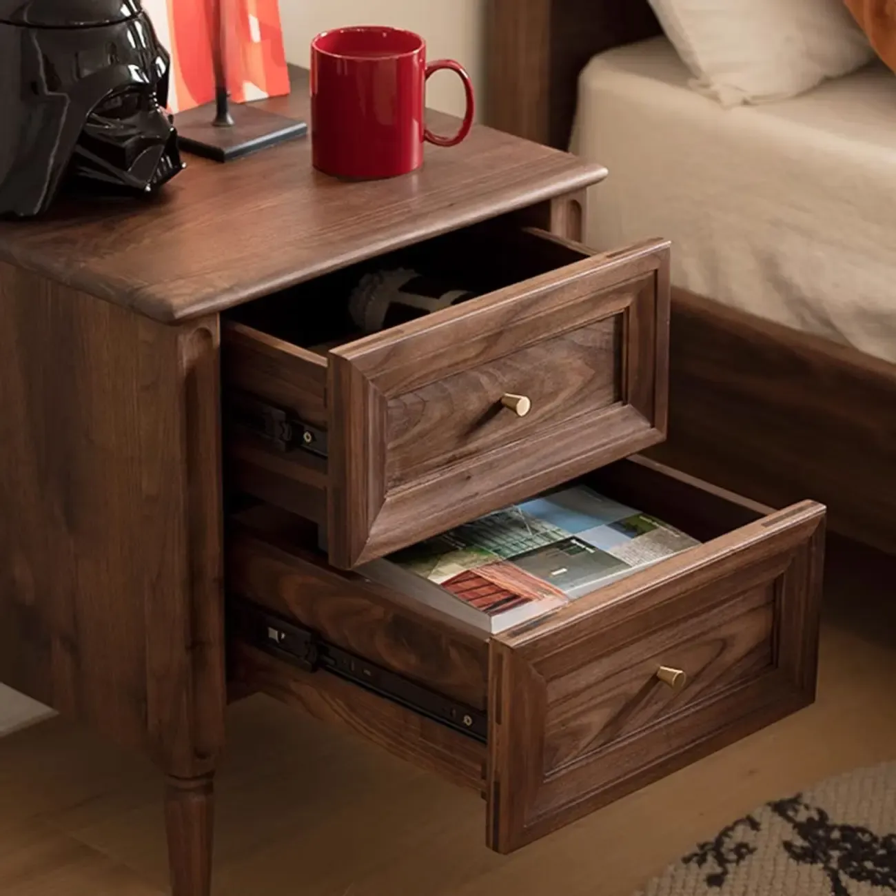 Traditional Nut Brown Wooden Bedside Table with 2 Drawers Image - 3