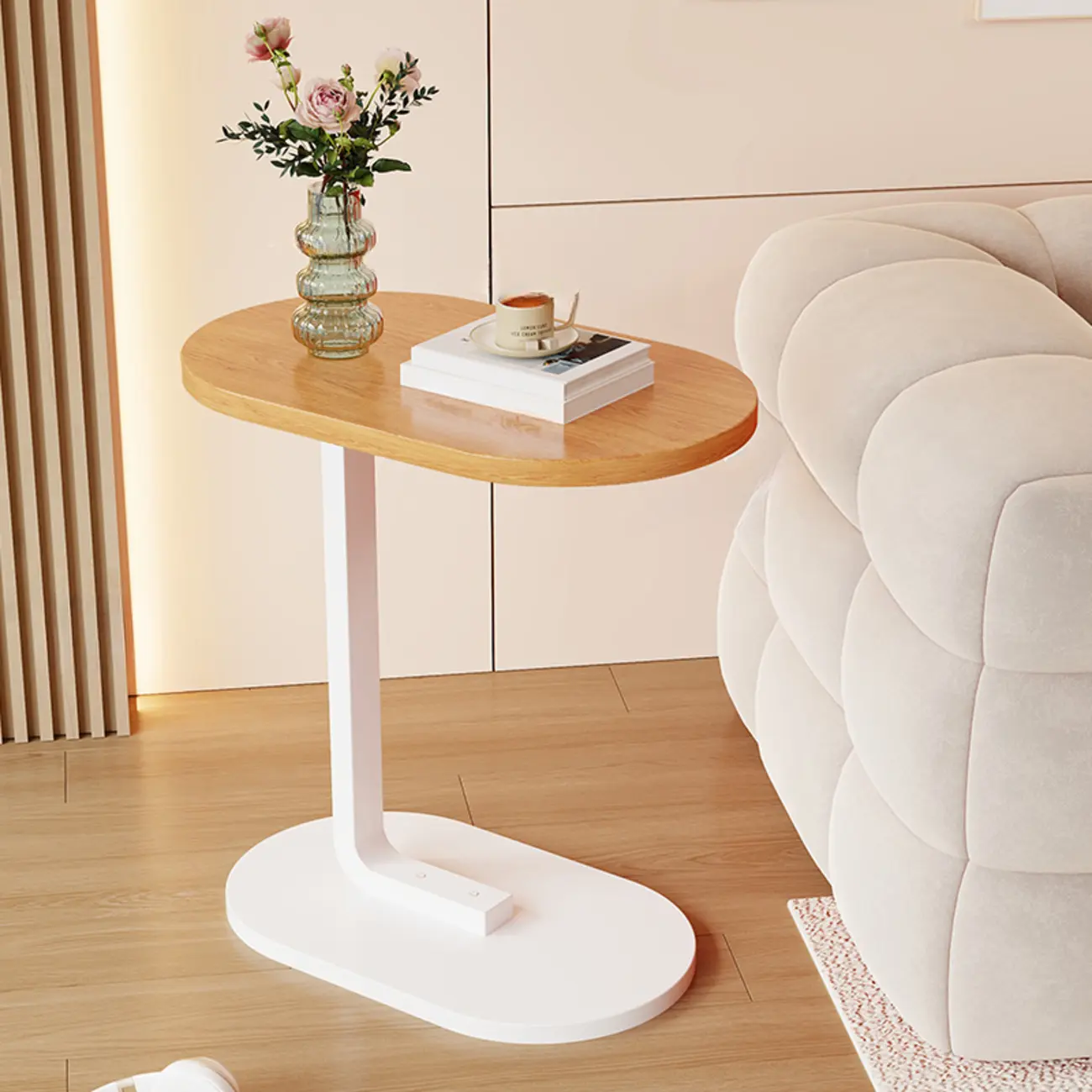 Modern C-Shaped Oval Wood Side Table with Metal Base Image - 18 | homeyfad