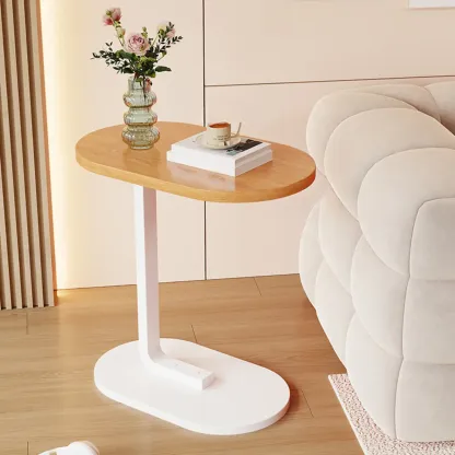 Modern C-Shaped Oval Wood Side Table with Metal Base Image - 18
