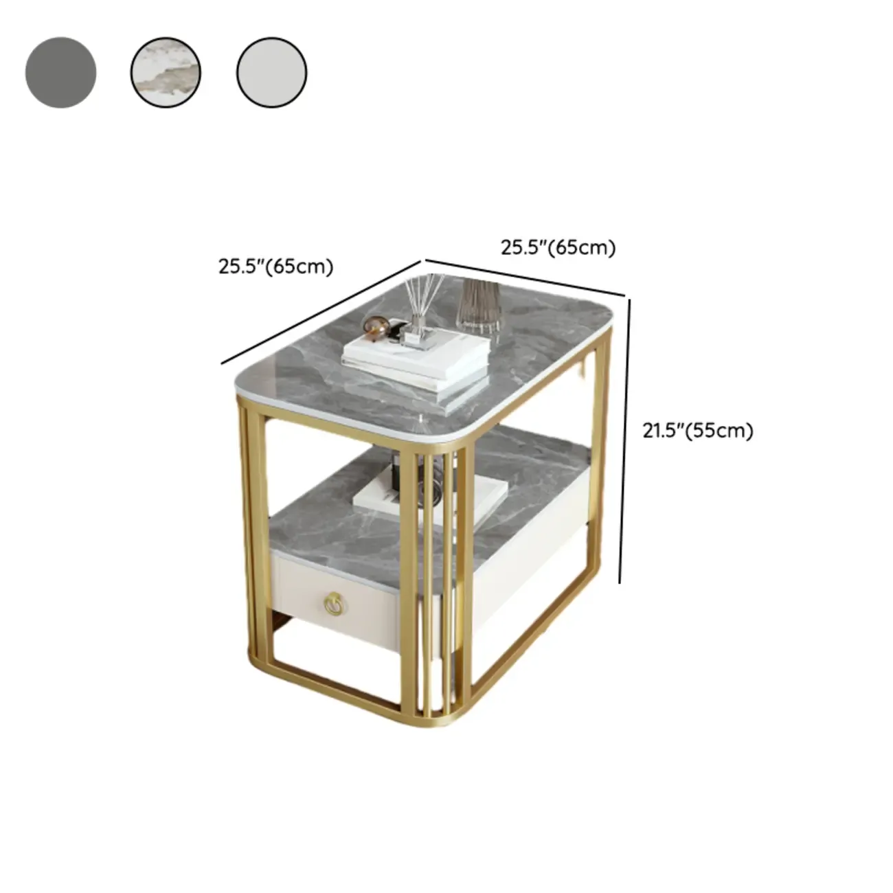 2-Tier White Marble Side Table with Storage and Metal Frame Image - 24
