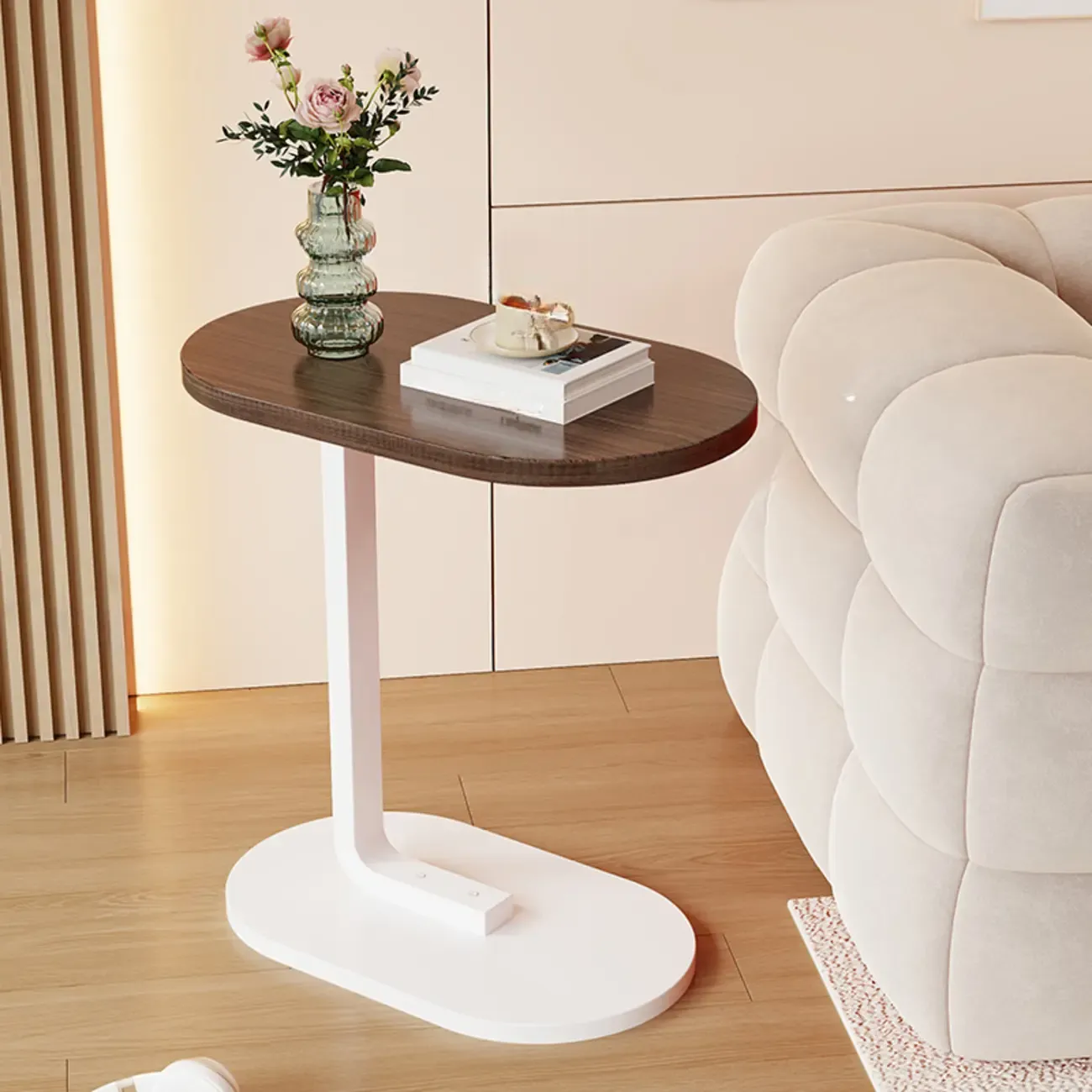 Modern C-Shaped Oval Wood Side Table with Metal Base Image - 19
