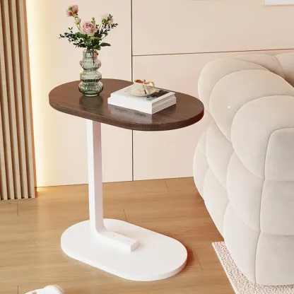 Modern C-Shaped Oval Wood Side Table with Metal Base Image - 19