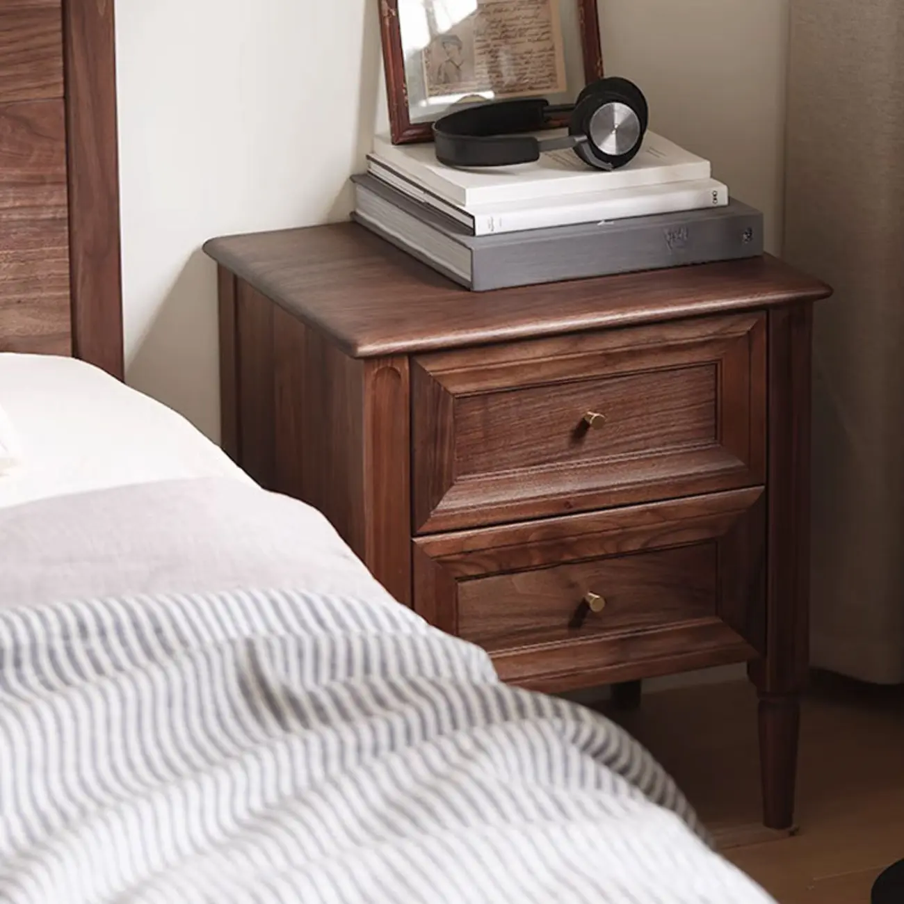 Traditional Nut Brown Wooden Bedside Table with 2 Drawers Image - 5 | homeyfad