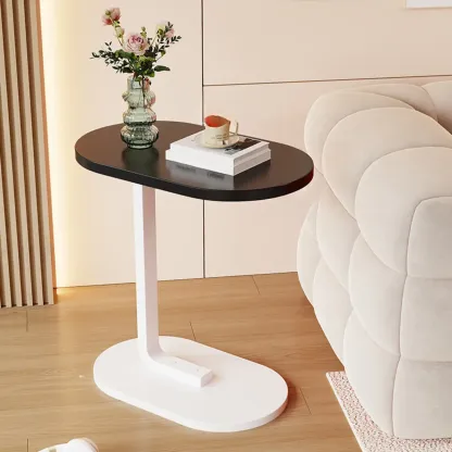 Modern C-Shaped Oval Wood Side Table with Metal Base Image - 20