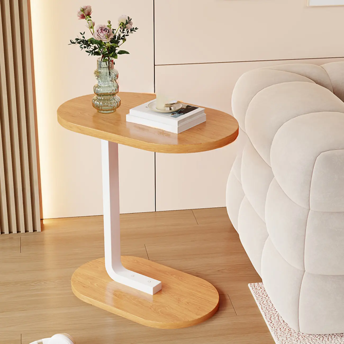 Modern C-Shaped Oval Wood Side Table with Metal Base Image - 21 | homeyfad