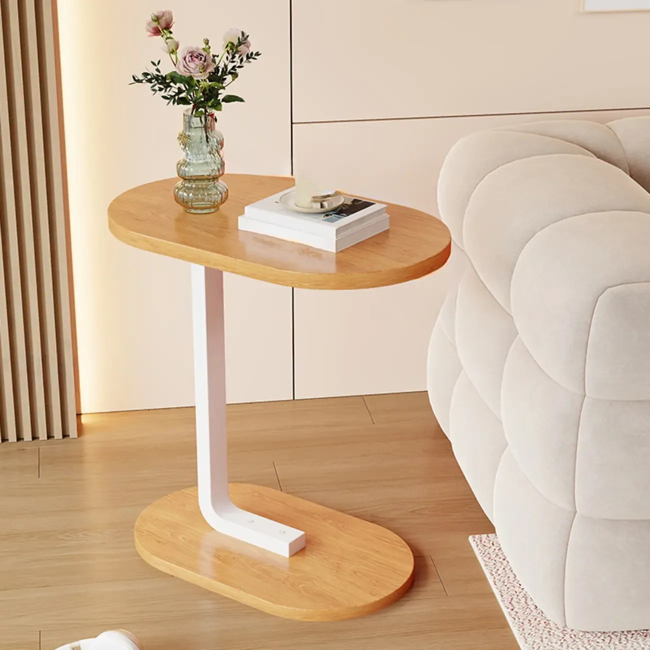 Modern C-Shaped Oval Wood Side Table with Metal Base Image - 21