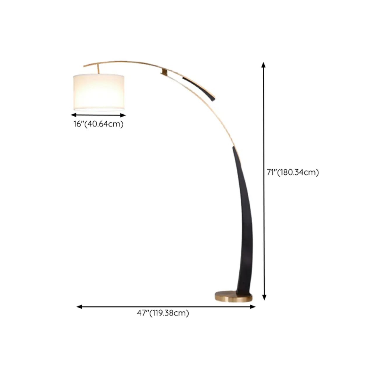 Modern Black Arced Floor Lamp with Fabric Shade and Gold Base #size