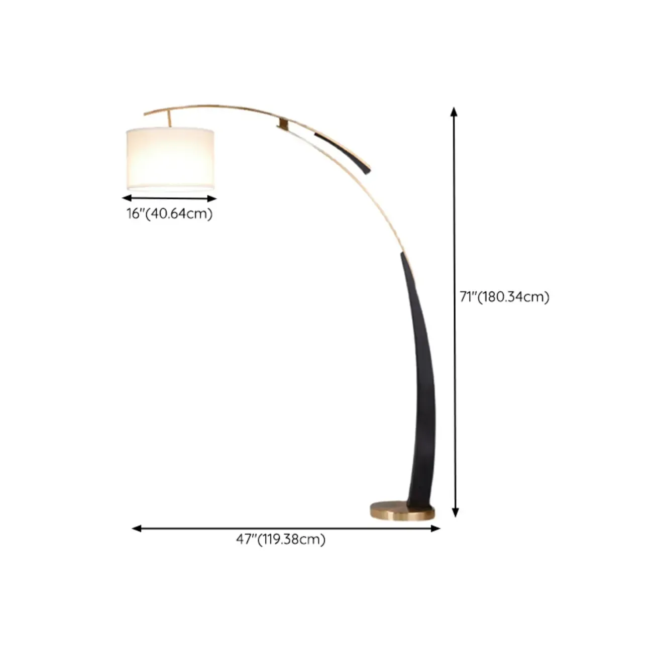 Modern Black Arced Floor Lamp with Fabric Shade and Gold Base #size