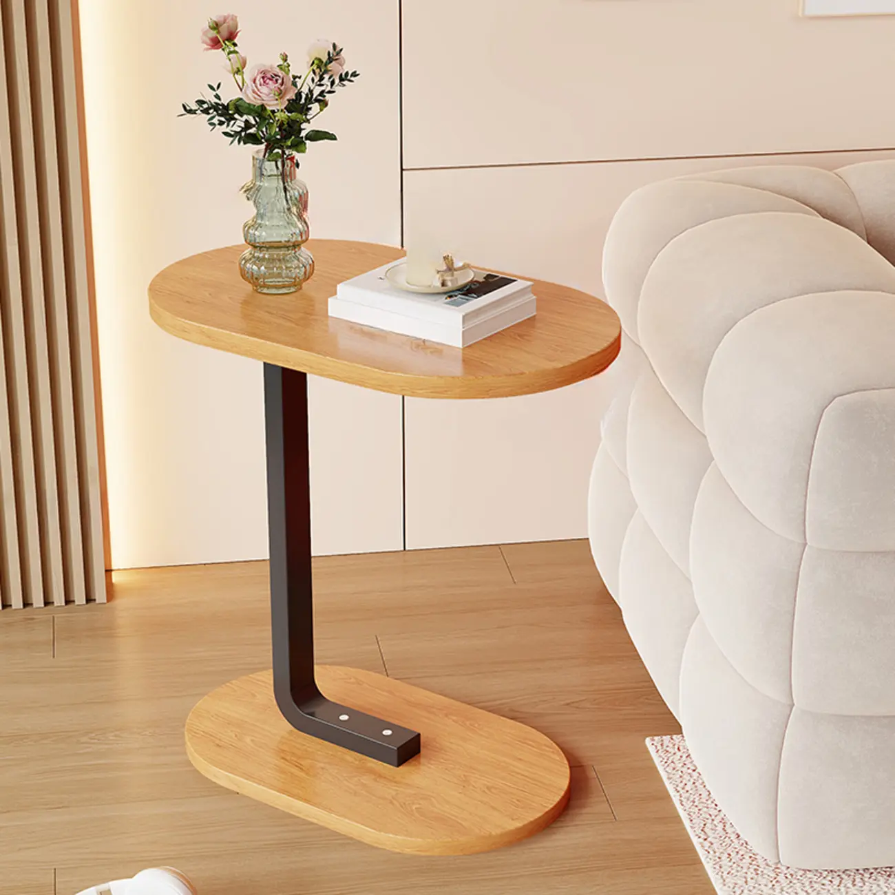 Modern C-Shaped Oval Wood Side Table with Metal Base Image - 22 | homeyfad