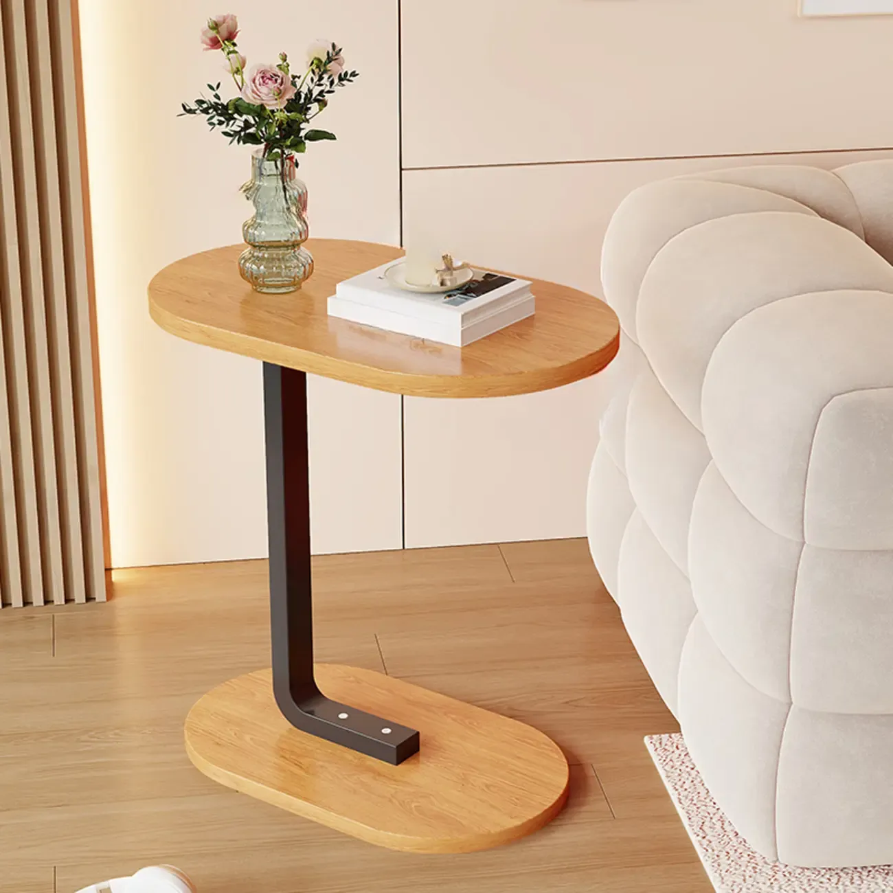 Modern C-Shaped Oval Wood Side Table with Metal Base Image - 22