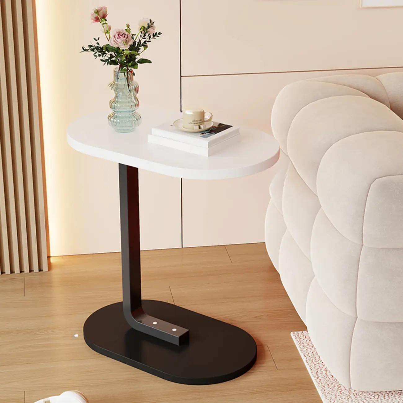Modern C-Shaped Oval Wood Side Table with Metal Base Image - 23 | homeyfad
