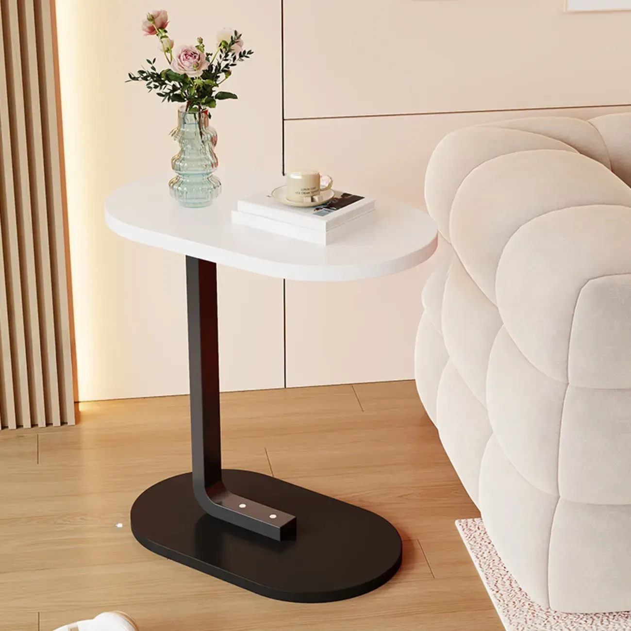Modern C-Shaped Oval Wood Side Table with Metal Base Image - 23