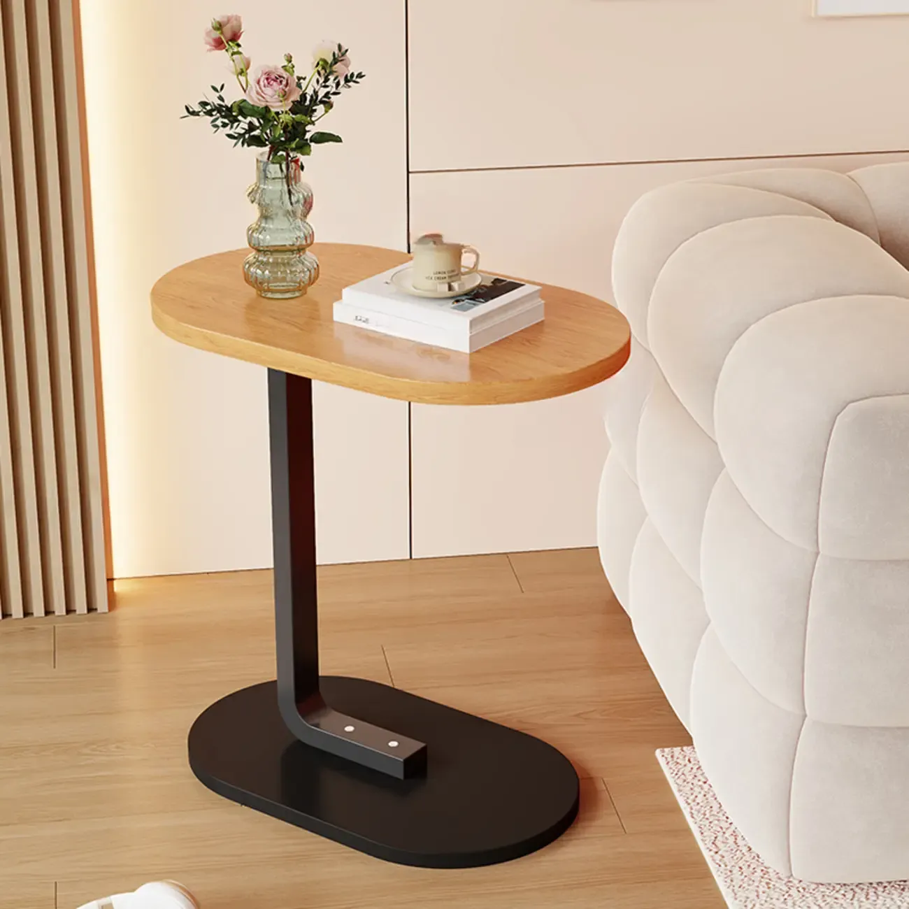 Modern C-Shaped Oval Wood Side Table with Metal Base Image - 24