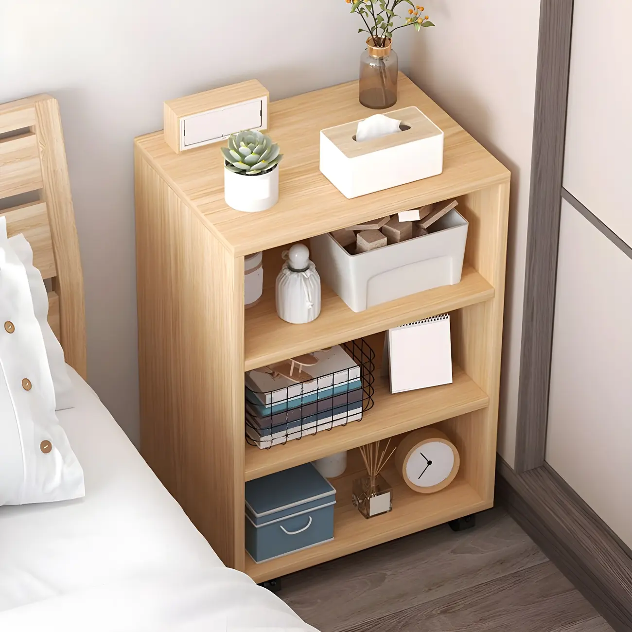 Natural Wooden Bedside Table with Open Shelves Storage Image - 1 | homeyfad