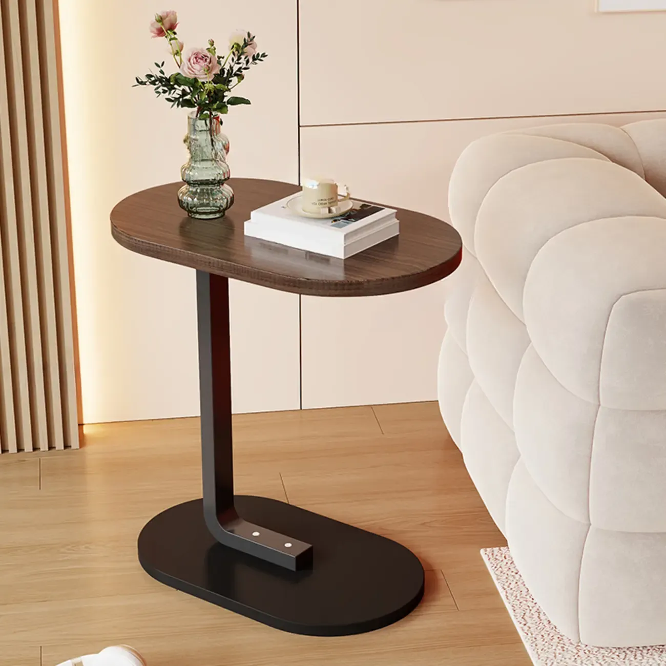 Modern C-Shaped Oval Wood Side Table with Metal Base Image - 25