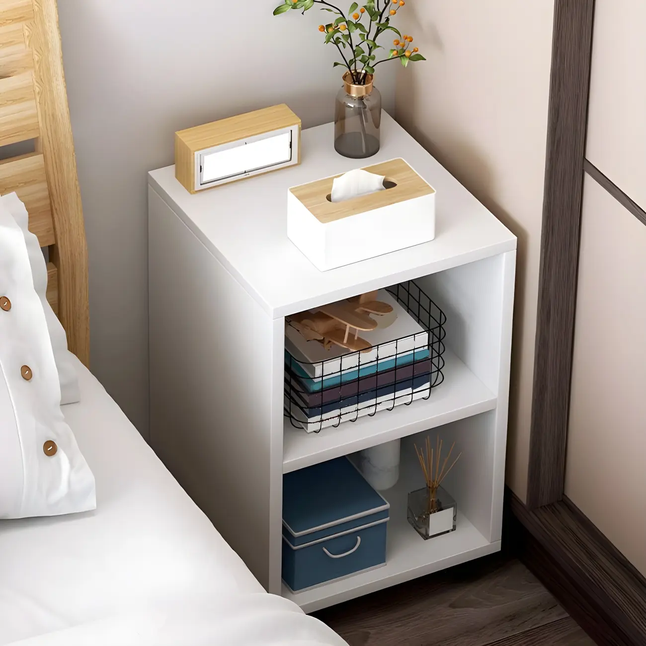 Natural Wooden Bedside Table with Open Shelves Storage Image - 2 | homeyfad