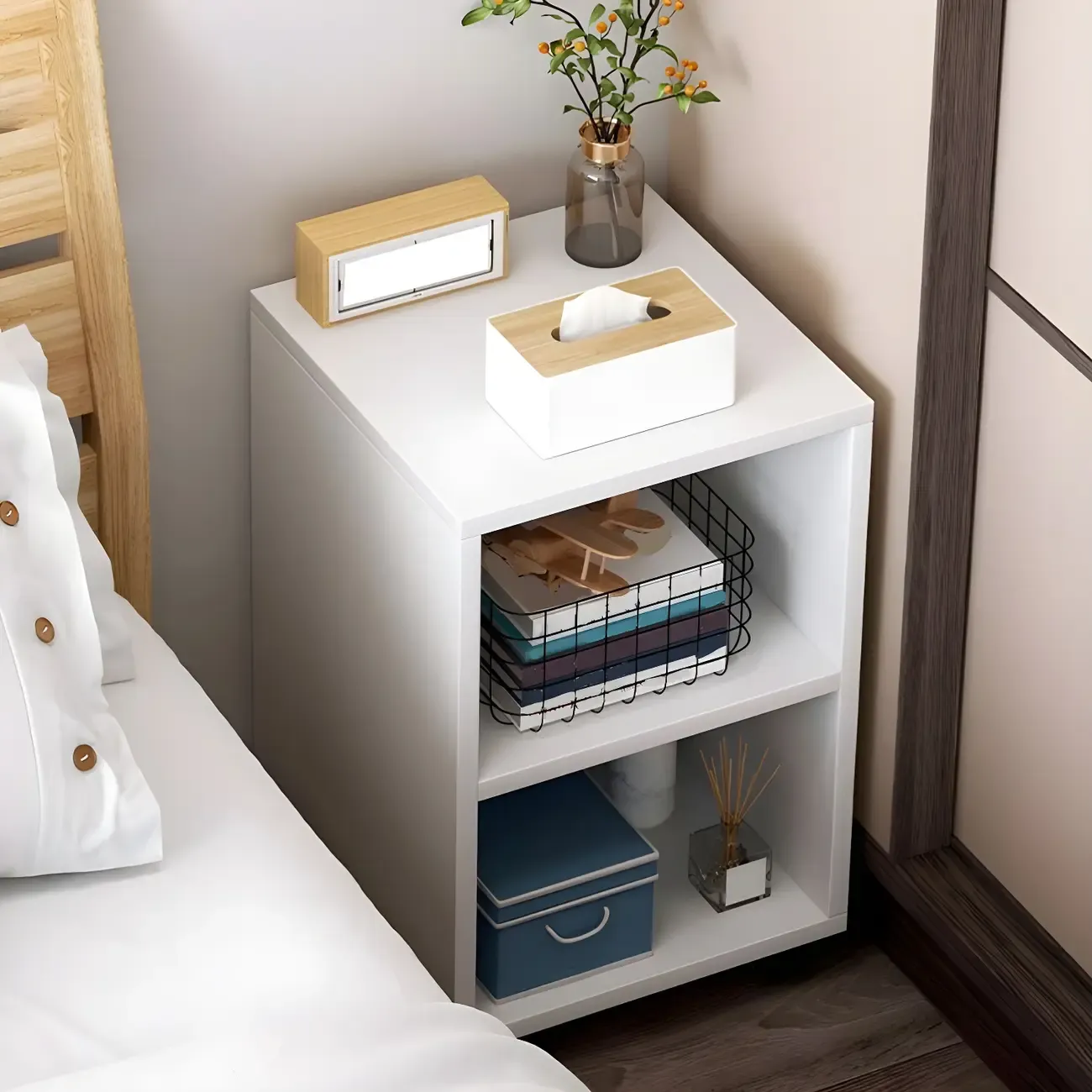 Natural Wooden Bedside Table with Open Shelves Storage Image - 2