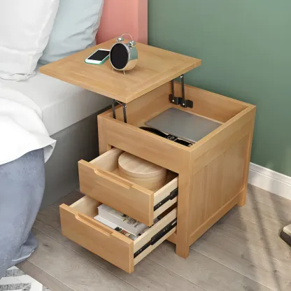 Narrow Rubberwood Lift-Top Bed Side Table with Drawers Image - 1
