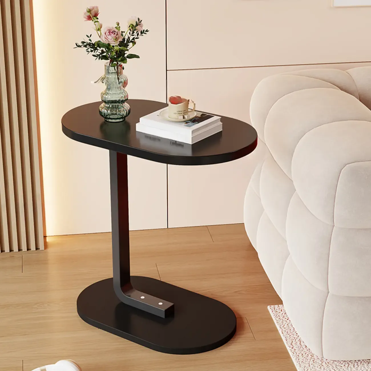 Modern C-Shaped Oval Wood Side Table with Metal Base Image - 26