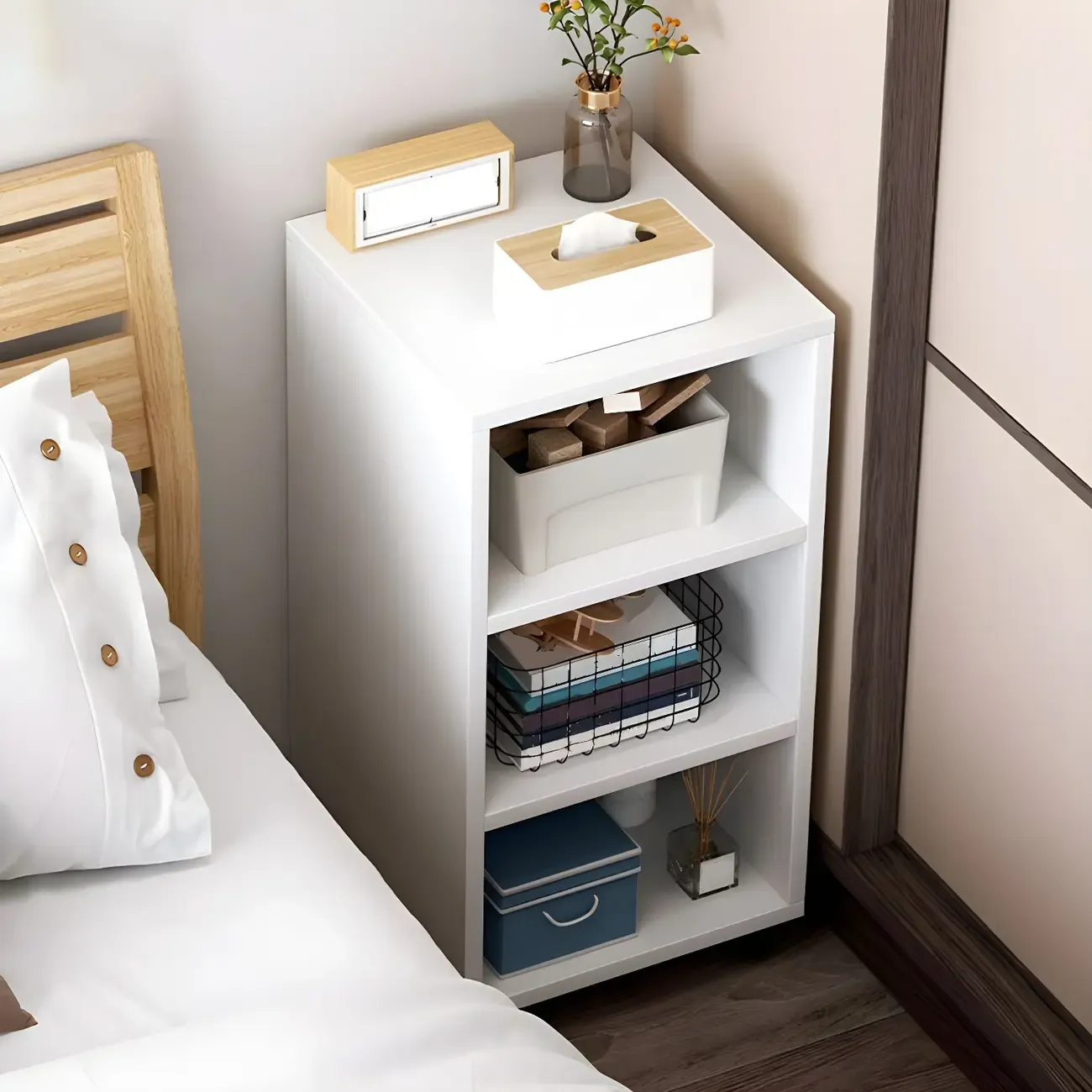 Natural Wooden Bedside Table with Open Shelves Storage Image - 3