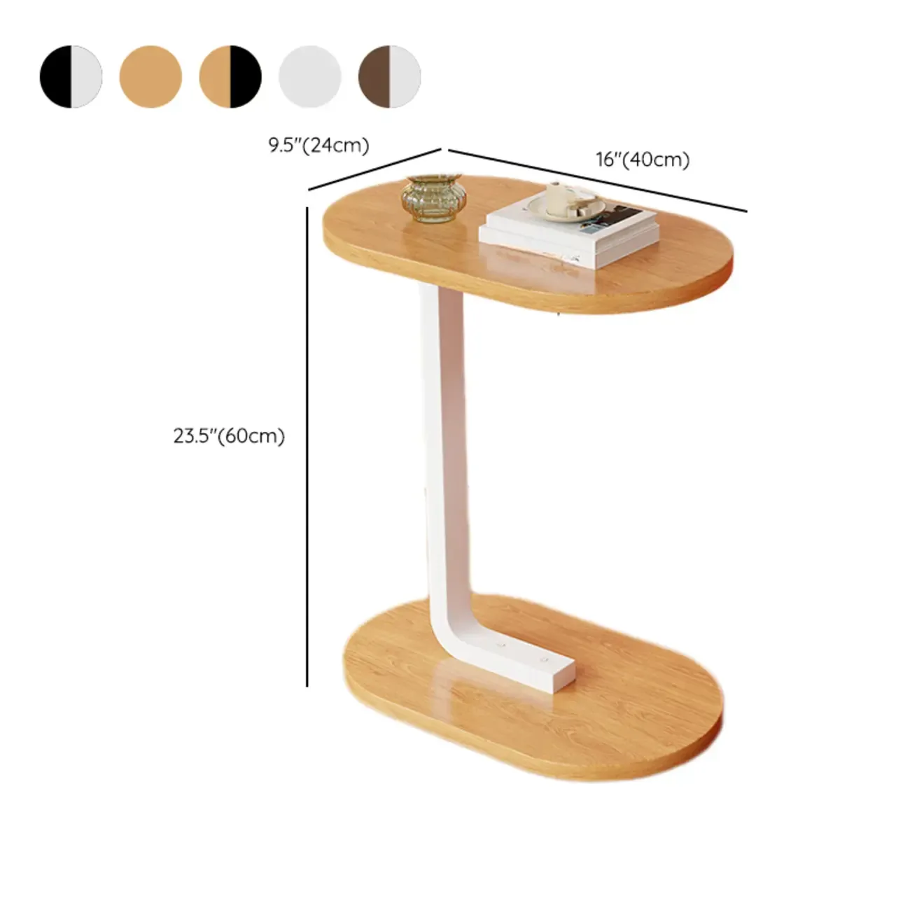 Modern C-Shaped Oval Wood Side Table with Metal Base #size