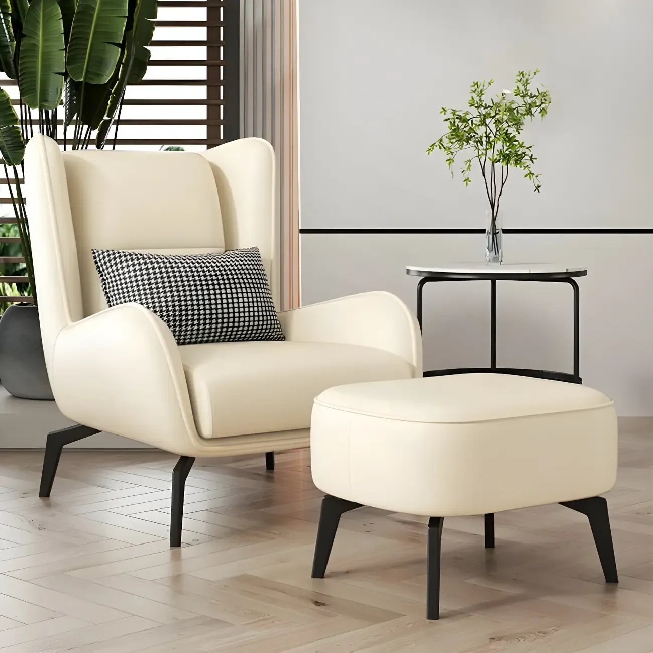 Modern Beige Leather Accent Chair with One Pillow Image - 1