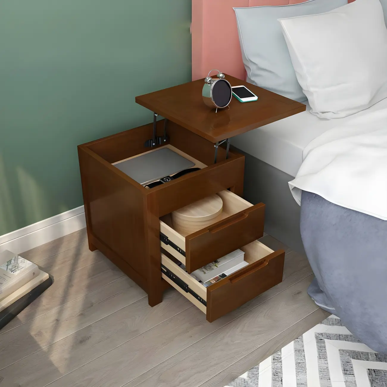 Narrow Rubberwood Lift-Top Bed Side Table with Drawers Image - 6 | homeyfad