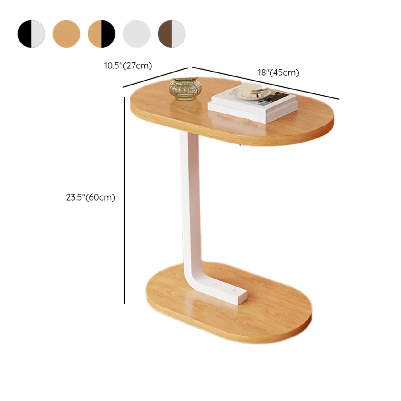 Modern C-Shaped Oval Wood Side Table with Metal Base Image - 28 | homeyfad