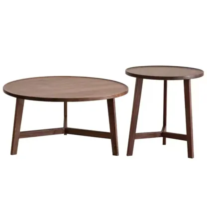 Mid-century Wooden Round Coffee Table Set with Cross Legs Image - 5