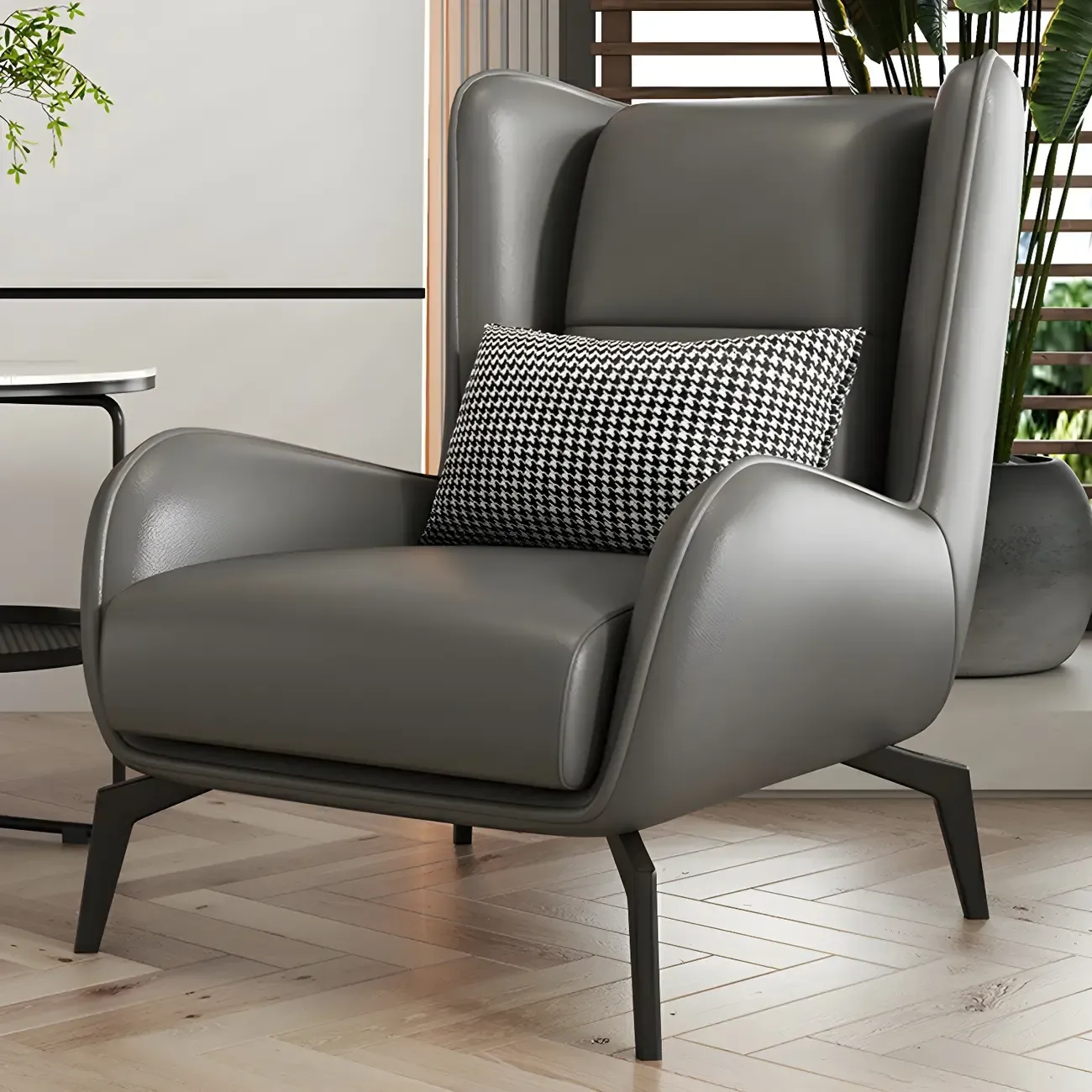 Modern Beige Leather Accent Chair with One Pillow Image - 2