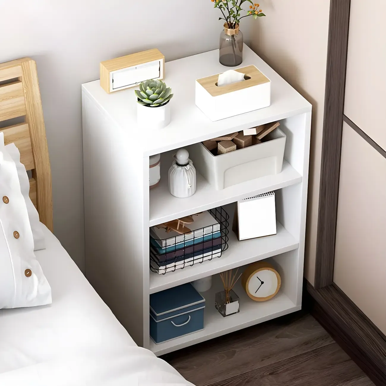 Natural Wooden Bedside Table with Open Shelves Storage Image - 4