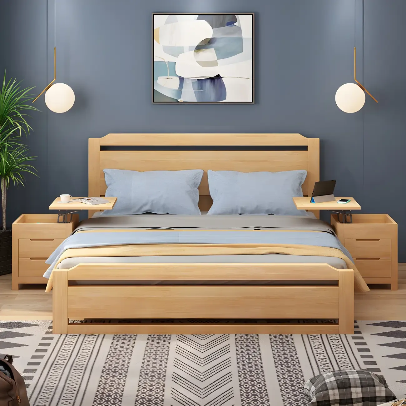 Narrow Rubberwood Lift-Top Bed Side Table with Drawers Image - 2