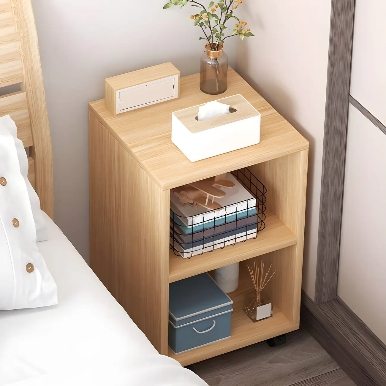 Natural Wooden Bedside Table with Open Shelves Storage Image - 6 | homeyfad