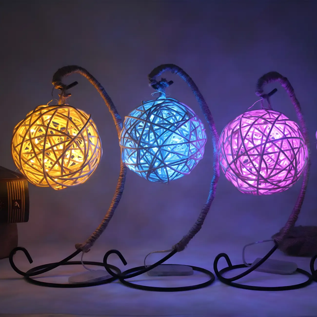 Artistic Purple LED Woven Globe Night Light with Branch Base Design Image - 2