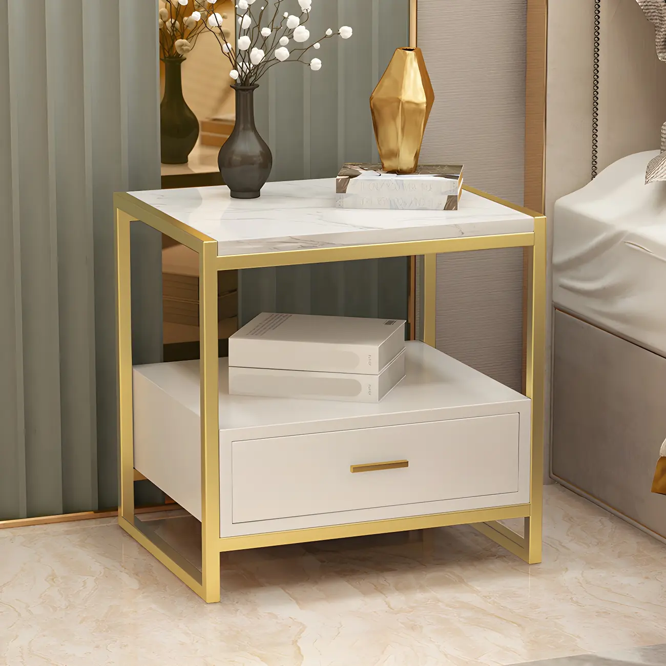 Modern White Bedside Table with Marble Top and Drawer Storage Image - 1 | homeyfad