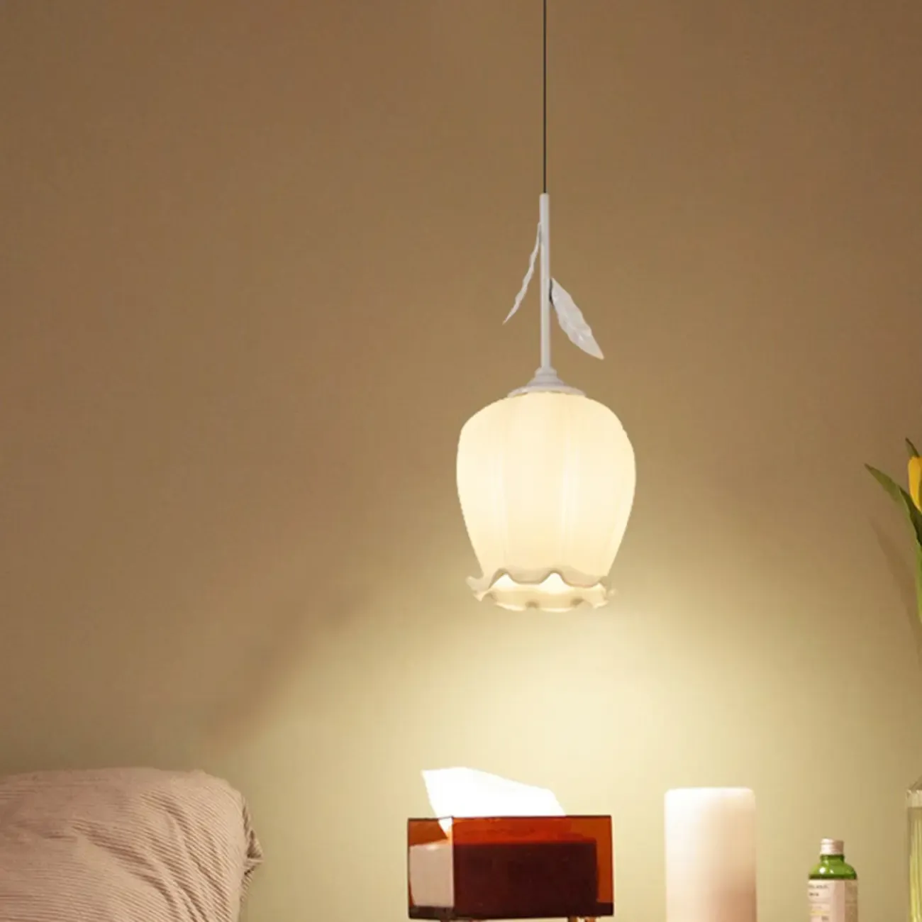 Kids white glass floral led pendant lamp with Tulip shape for bedside Image - 1