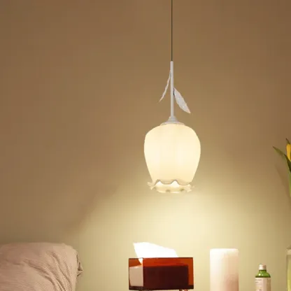 Kids white glass floral led pendant lamp with Tulip shape for bedside Image - 1